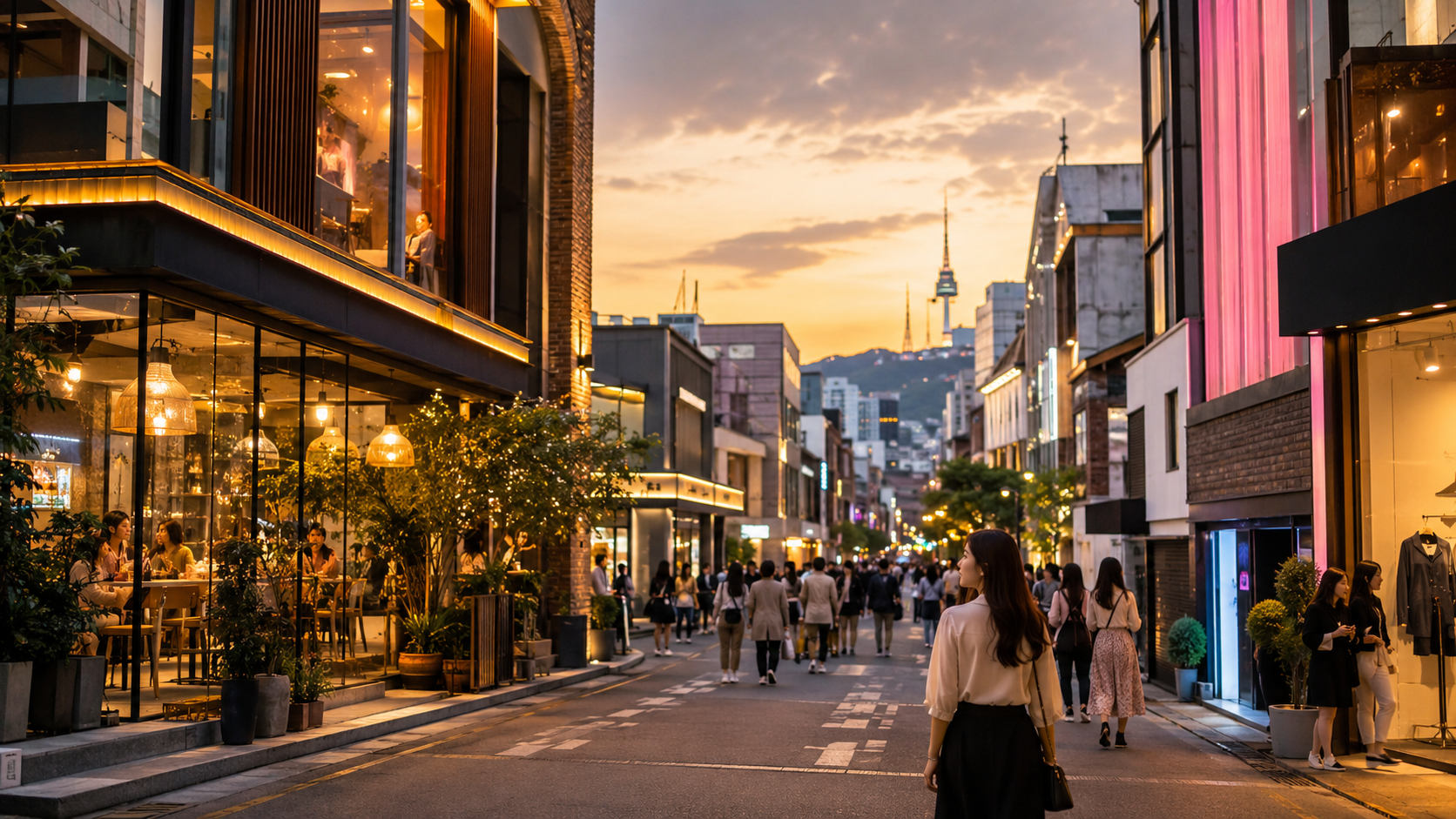 Seoul street scene at dusk with N Seoul Tower in the distance