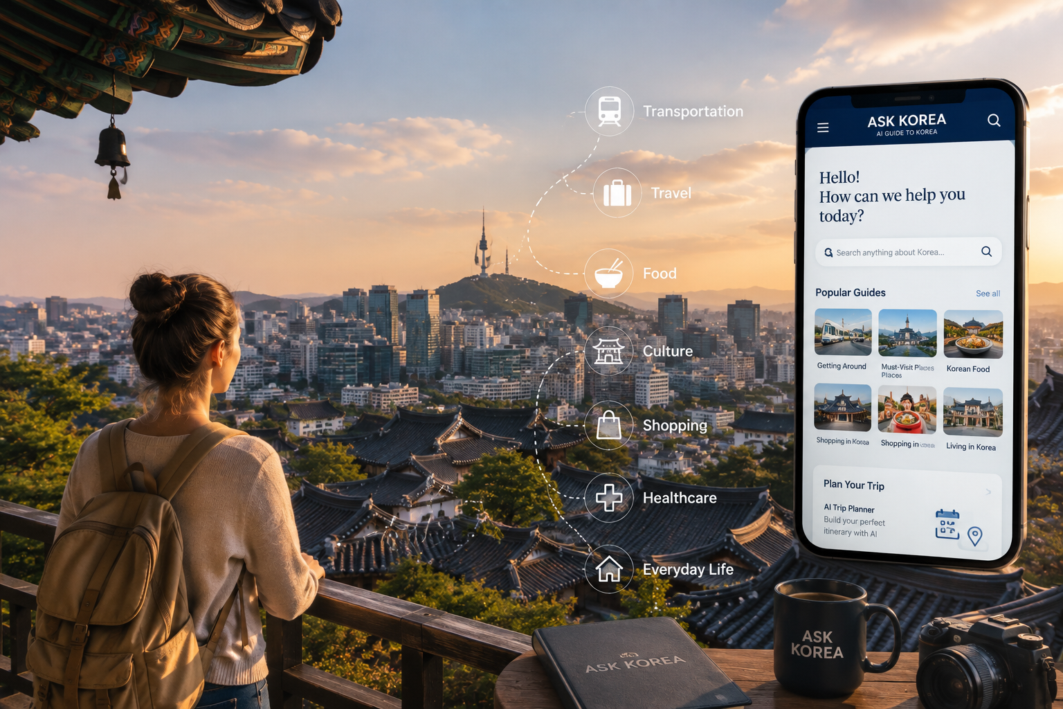 ASK KOREA — a traveler overlooking Seoul at sunset with N Seoul Tower in the distance