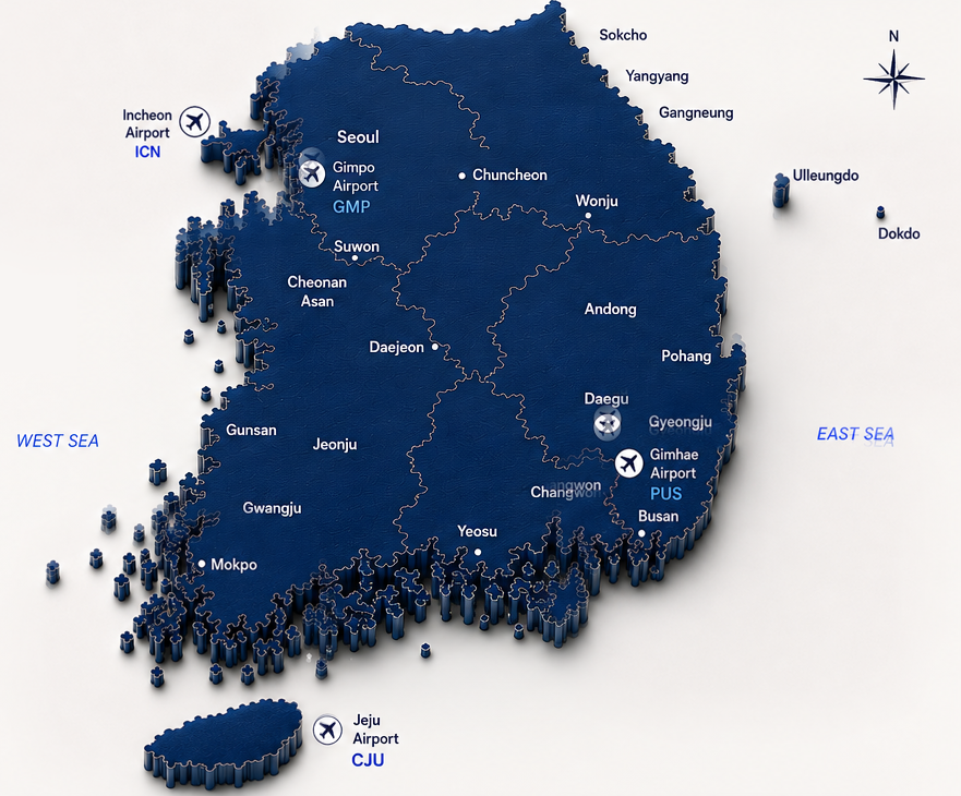 Deep navy map of Korea showing Seoul, Busan, Jeju, Ulleungdo, Dokdo and major airports.